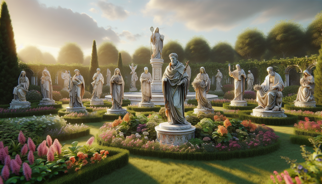Saints en A dans un jardin avec statues, lumières douces et couleurs vives.