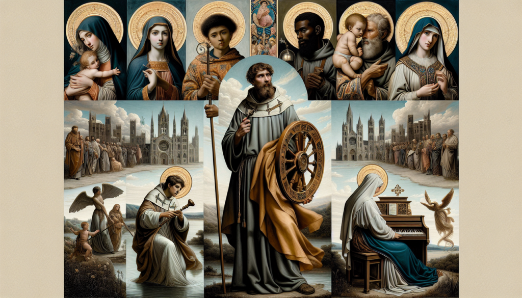 Saint en C - Collage détaillé de saints chrétiens (Christopher, Catherine, Clare, Cecilia) dans une ambiance lumineuse et sacrée.