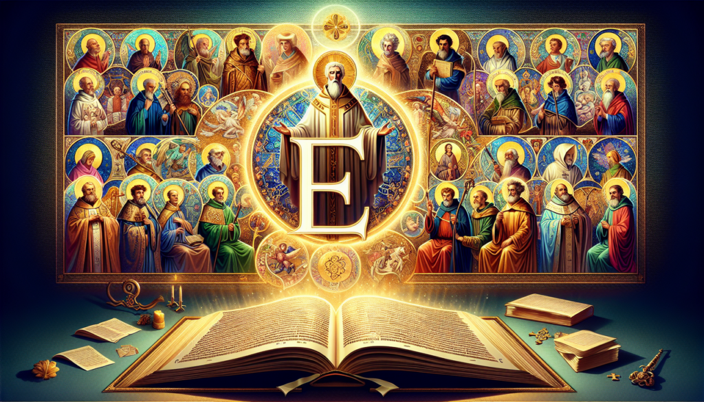 Créez une image de saints entourant la lettre E dorée, sur fond de vitrail.