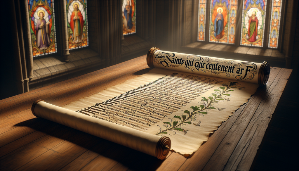 Saint en F, liste des saints commençant par F sur un parchemin ancien, éclairé par une lumière douce avec des vitraux en arrière-plan.