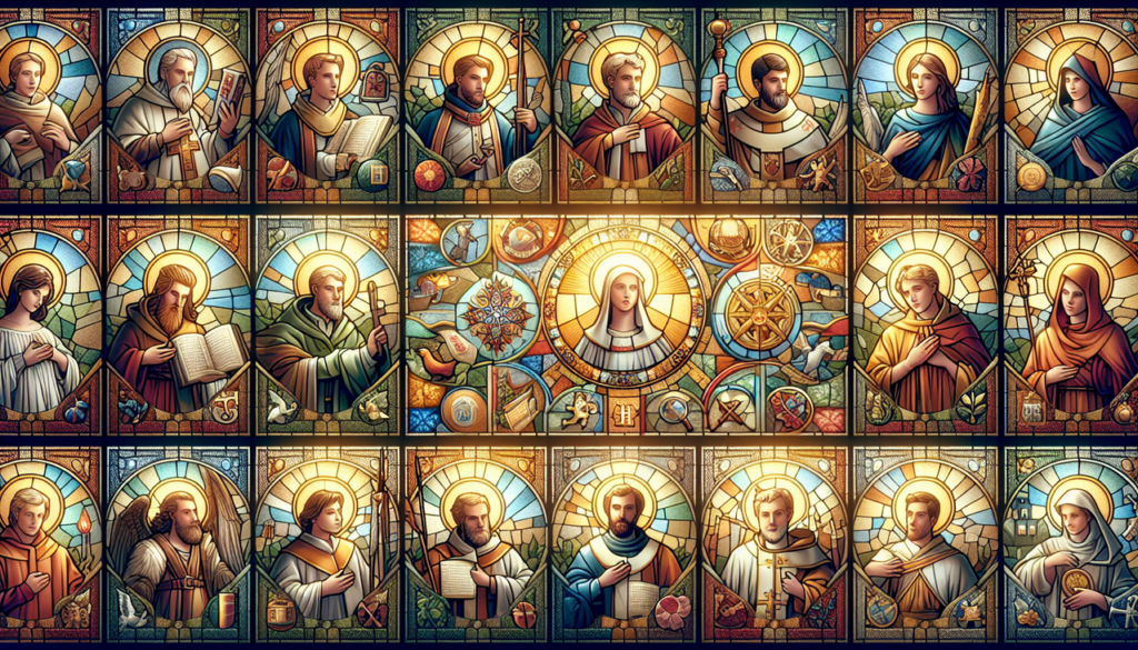 Saint en H, collection d'icônes des saints Hilaire, Honoré, Héloïse dans une atmosphère sereine et respectueuse, rappelant l'art du vitrail.