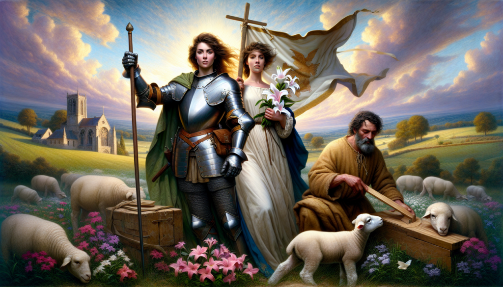 Saint Joan of Arc, Saint Joseph et Saint Jean Baptiste dans un paysage inspirant.